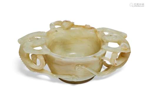 A PALE GREYISH-WHITE `CHILONG' JADE CUP  LATE MING-QING DYNA...