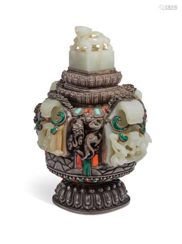 A MONGOLIAN JADE AND HARDSTONE-INSET SILVER VESSEL AND COVER...