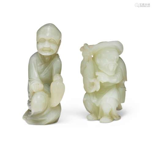 A WHITE JADE FIGURE OF A FISHERMAN AND A GREYISH-WHITE FIGUR...