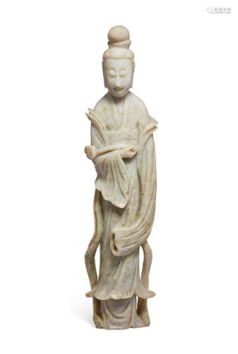 A MOTTLED GREYISH-WHITE JADEITE FIGURE OF A FEMALE IMMORTAL