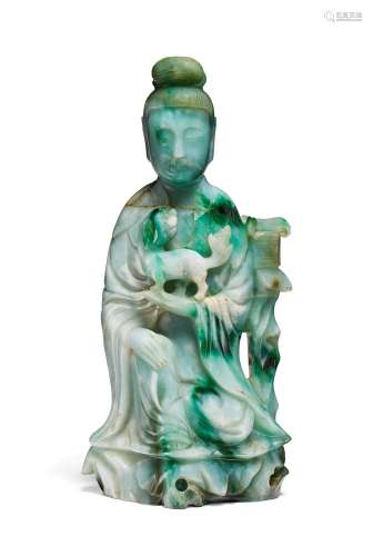 A MOTTLED GREENISH-GREY JADEITE FIGURE OF GUANYIN AND A BUDD...