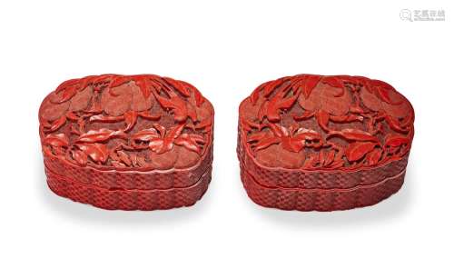 A PAIR OF CARVED RED LACQUER BOXES AND COVERS  18TH-19TH CEN...