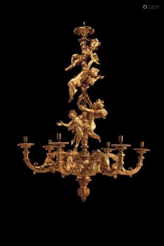 A FRENCH GILTWOOD SIX-BRANCH CHANDELIER.EARLY 18TH CENTURY A...