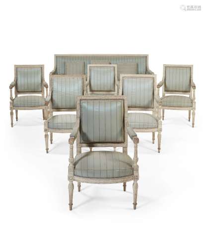 A SUITE OF ROYAL LOUIS XVI WHITE-PAINTED SEAT FURNITURE.ATTR...