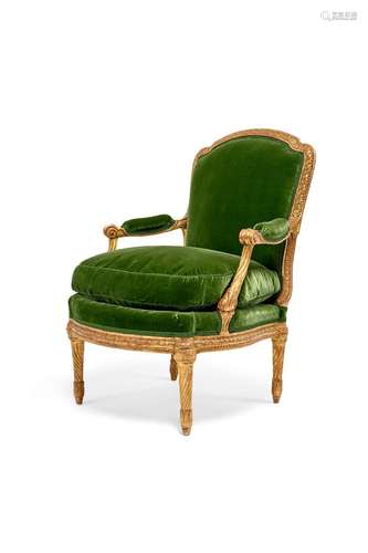 A LATE LOUIS XV GILTWOOD FAUTEUIL.BY JEAN BOUCAULT, CIRCA 17...