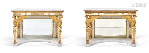 A PAIR OF NORTH ITALIAN EMPIRE PARCEL-GILT, CREAM AND WHITE-...