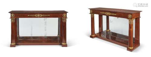 A PAIR OF EMPIRE ORMOLU-MOUNTED MAHOGANY CONSOLE TABLES.ATTR...