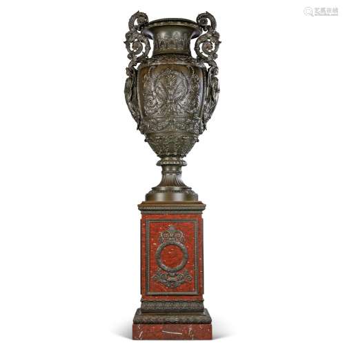 A FRENCH PATINATED-BRONZE MONUMENTAL 'ETRUSCAN' VASE.BY JEAN...