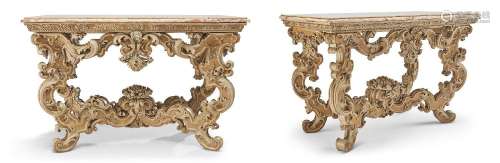 A PAIR OF ITALIAN OCHRE AND GREY-PAINTED CONSOLE TABLES.PIED...