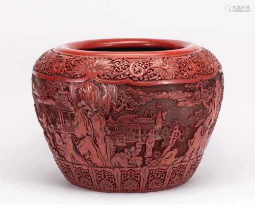 A CHINESE CARVED FIGURE STORY LACQUERWARE BASIN