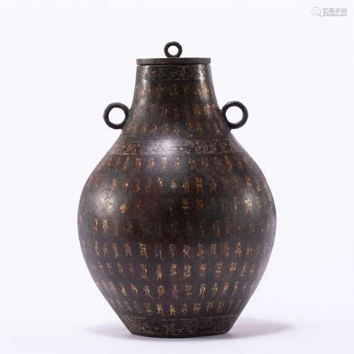 A CHINESE BRONZE SILVER INLAID GOLD VASE