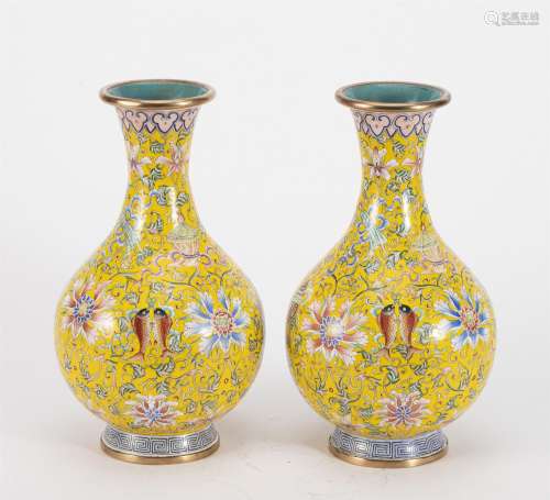 A PAIR OF CHINESE GILT BRONZE PAINTED ENAMEL VASES
