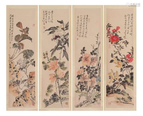 FOUR PANEL CHINESE PAINTING OF FLOWERS