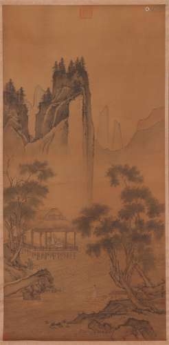 A CHINESE PAINTING OF PAVILIONS AMONG MOUNTAINS