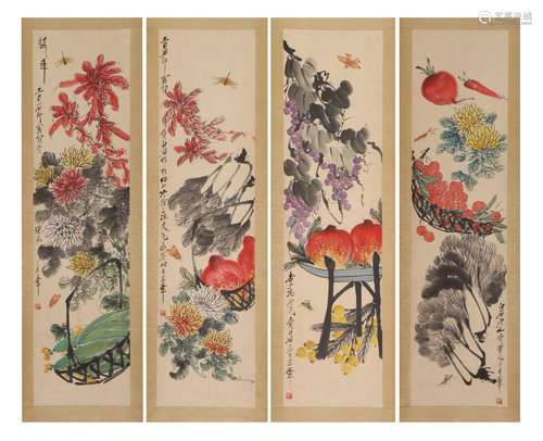 FOUR PANEL CHINESE PAINTING OF FLOWERS AND FRUITS