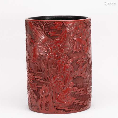 A CHINESE CARVED FIGURE STORY LACQUERWARE SCROLL BARREL