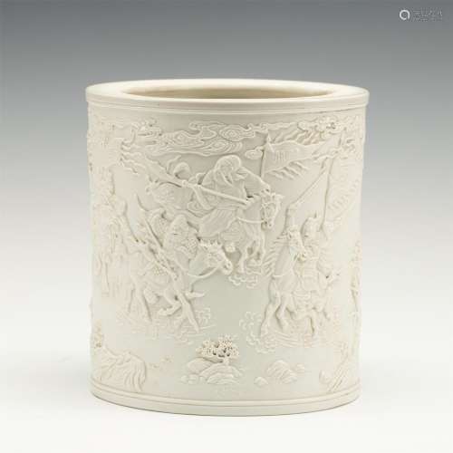A CHINESE WHITE PORCELAIN FIGURE STORY BRUSH POT