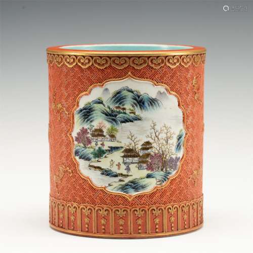 A CHINESE RED GLAZE PORCELAIN BRUSH POT