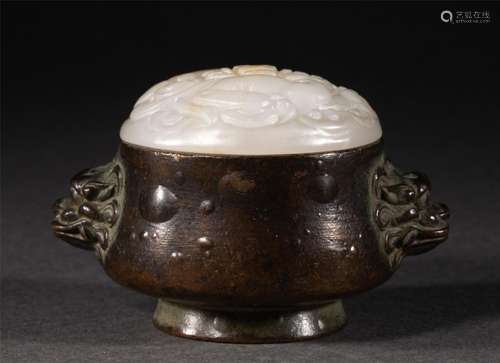 A CHINESE BRONZE INLAID JADE CENSER