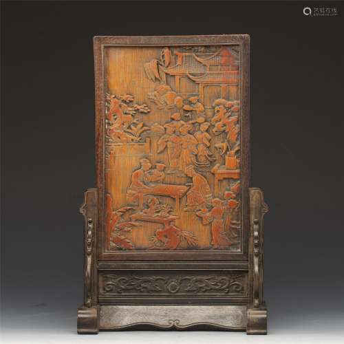 A CHINESE BAMBOO FIGURE STORY TABLE SCREEN