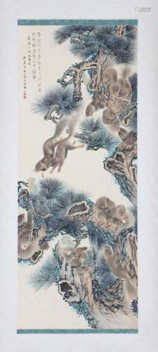 A CHINESE PAINTING OF SQUIRRELS AND PINE TREE