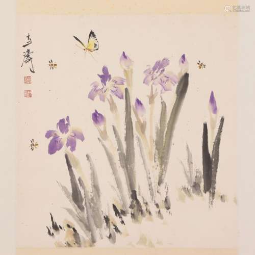 A CHINESE PAINTING OF FLOWERS AND BUTTERFLIES