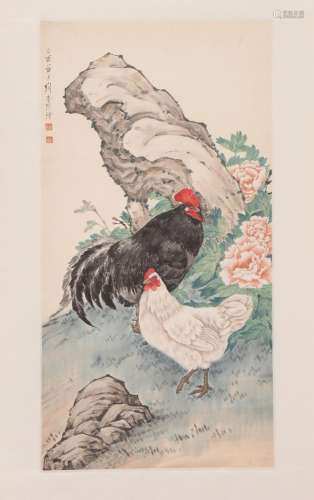 A CHINESE PAINTING OF COCKS AND FLOWERS