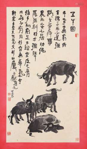 A CHINESE PAINTING OF FIVE CATTLES