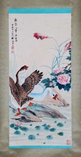 A CHINESE PAINTING OF GOOSE AND FLOWERS