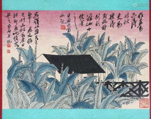 A CHINESE PAINTING OF PLANTAIN TREES AND HOUSE