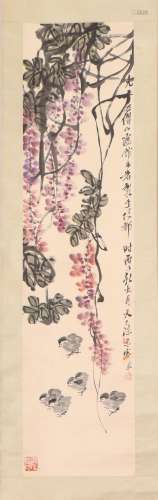 A CHINESE PAINTING OF FLOWERS AND CHICKS