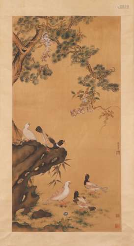 A CHINESE PAINTING OF BIRDS AND FLOWERS