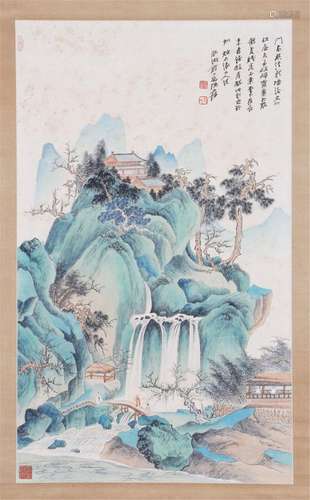 A CHINESE PAINTING OF WATERFALL AND MOUNTAINS LANDSCAPE