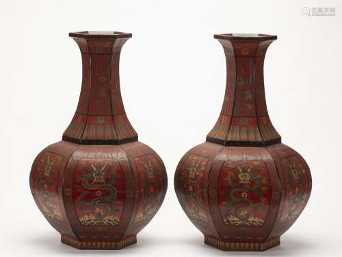A PAIR OF CHINESE LACQUERED DRAGON VASES