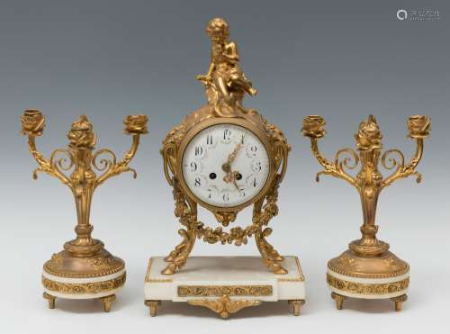 Garniture with clock and candlesticks; Napoleon III period, ...