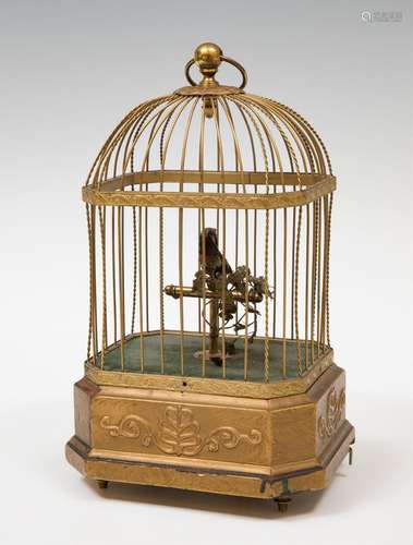 Cage with bird; late 19th century.Bronze, feathers, stuccoed...