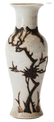 A CHINESE RELIEF DECORATED CRACKLE GLAZE VASE