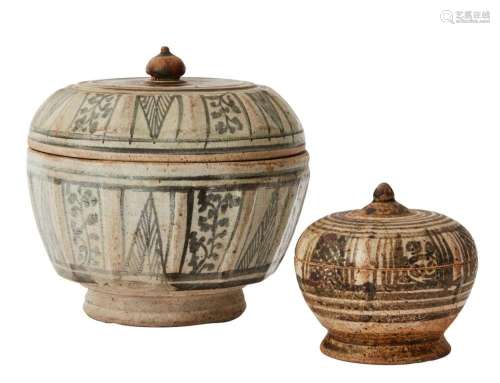 TWO THAI SAWANKHALOK LIDDED JARS