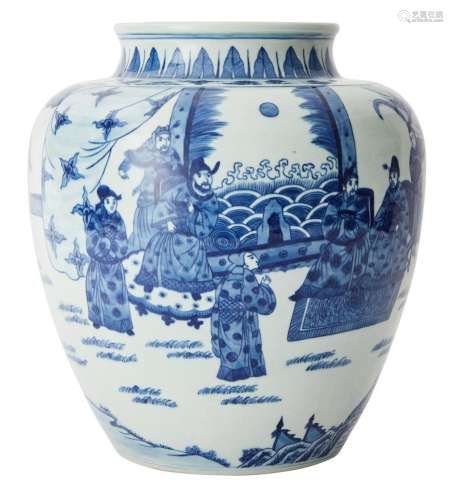 A CHINESE BLUE AND WHITE TEMPLE JAR