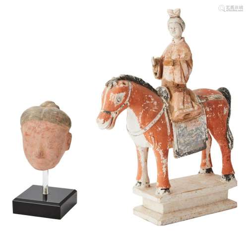 A CHINESE PAINTED TERRACOTTA HORSE AND RIDER AND A CHINESE T...