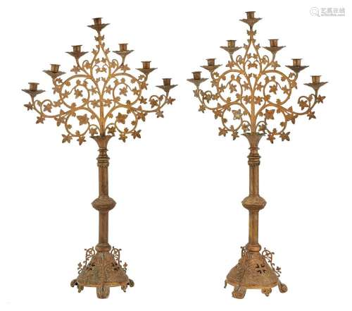 A PAIR OF FRENCH GILTMETAL SEVEN-LIGHT CANDELABRA