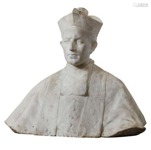 A FRENCH WHITE MARBLE BUST OF A PRELATE