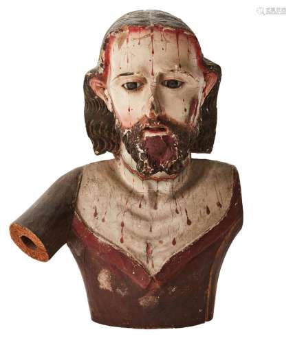 A SPANISH POLYCHROME WOODEN BUST OF THE MAN OF SORROWS