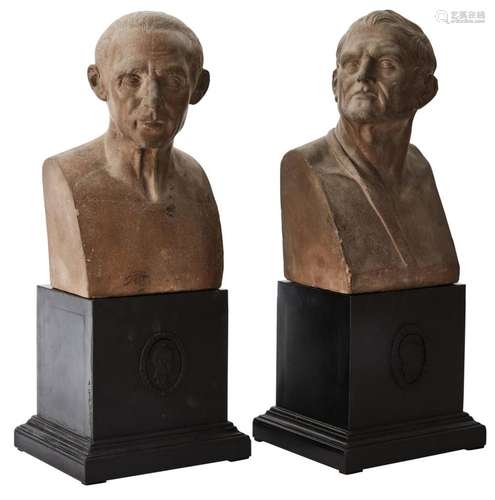 TWO GREY TERRACOTTA BUSTS OF ROMAN MEN