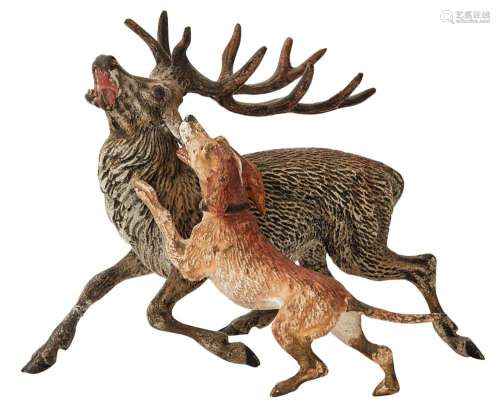 A VIENNESE COLD PAINTED BRONZE OF A HOUND ATTACKING A STAG