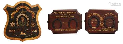 TWO SIMILAR VICTORIAN HORSE RACING PLAQUES AND A MILITARY PL...