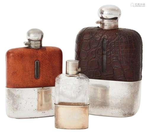 A GEORGE V SILVER GILT MOUNTED LADY S HIP FLASK AND TWO LEAT...