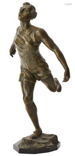 A BRONZED SPELTER FIGURE OF A RUNNER