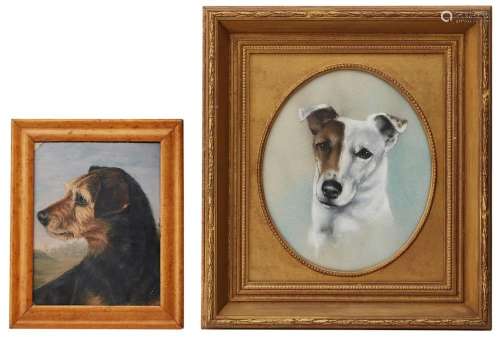 A VICTORIAN OIL OF A TERRIER AND A PASTEL OF A JACK RUSSELL