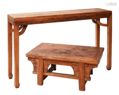 A CHINESE ELM PAINTING TABLE AND A YELLOW WOOD LOW TABLE